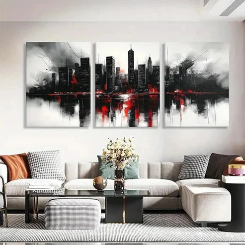 3pcs Red and Black Abstract Cityscape Perfect Wall Art Canvas Unframed - High Quality Print 100% Australian Made Wall Canvas