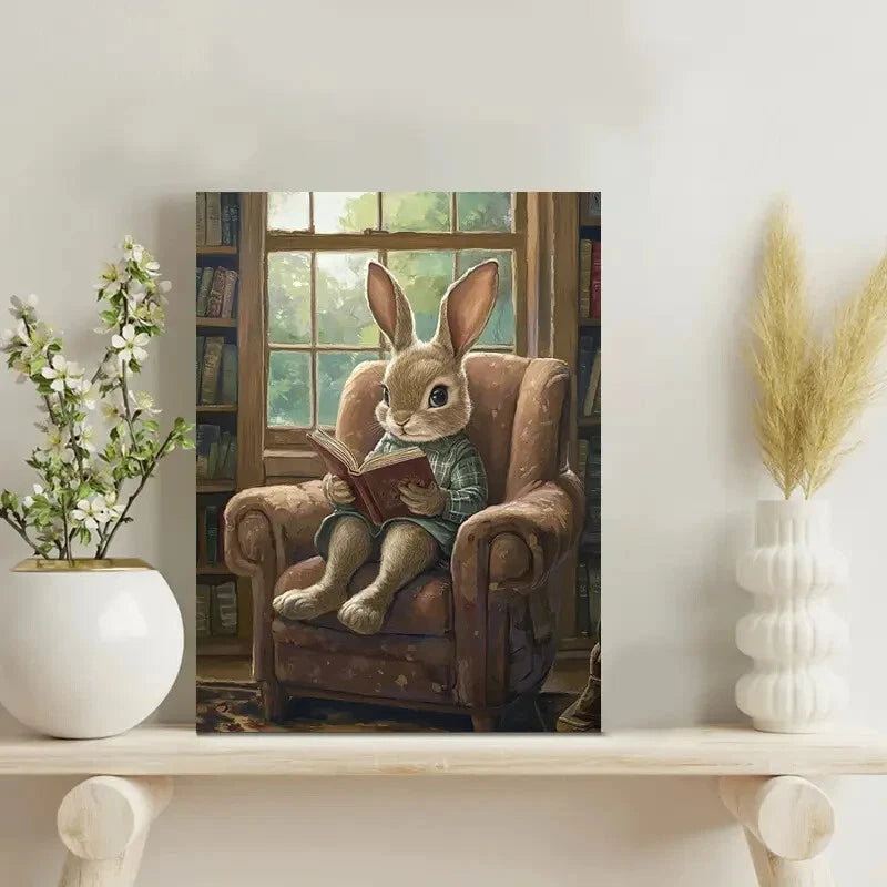 Charming Rabbit Reading in Armchair Painting 40x60cm Metal Print Ready to Hang