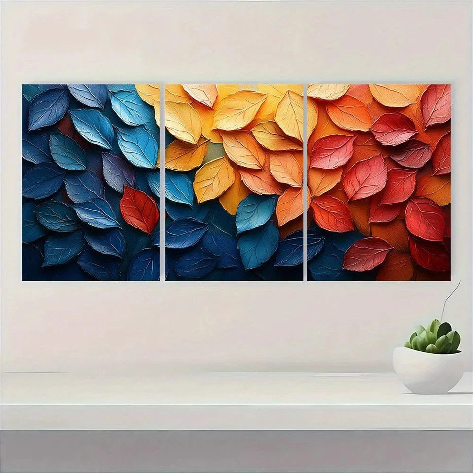 3pcs Abstract Autumn Leaves Vibrant Red Orange Metal Print Ready to Hang Art