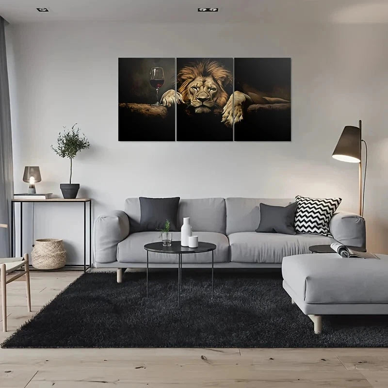 3pcs Modern Wildlife Lion Wine Glass Metal Print Ready to Hang Art