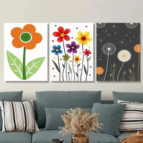 3pcs Floral Modern Abstract Colorful Flower Wall Art Set Canvas Framed 50x70cm - High Quality Print 100% Australian Made Wall Canvas Ready to Hang
