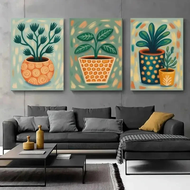 3pcs Botanical Green Leaves & Potted Plants Metal Print Ready to Hang Art