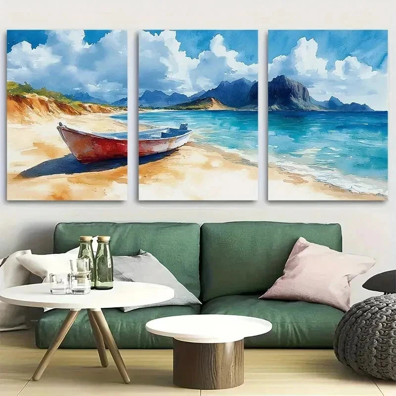 3pcs Spanish Island, Galapagos, Watercolor Wall Art Set Canvas Framed 50x70cm - High Quality Print 100% Australian Made Wall Canvas Ready to Hang