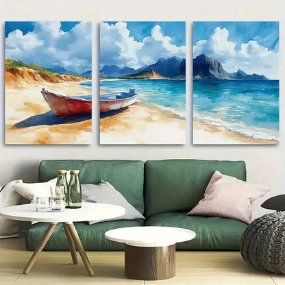 3pcs Spanish Island, Galapagos, Watercolor Wall Art Set Canvas Framed 50x70cm - High Quality Print 100% Australian Made Wall Canvas Ready to Hang
