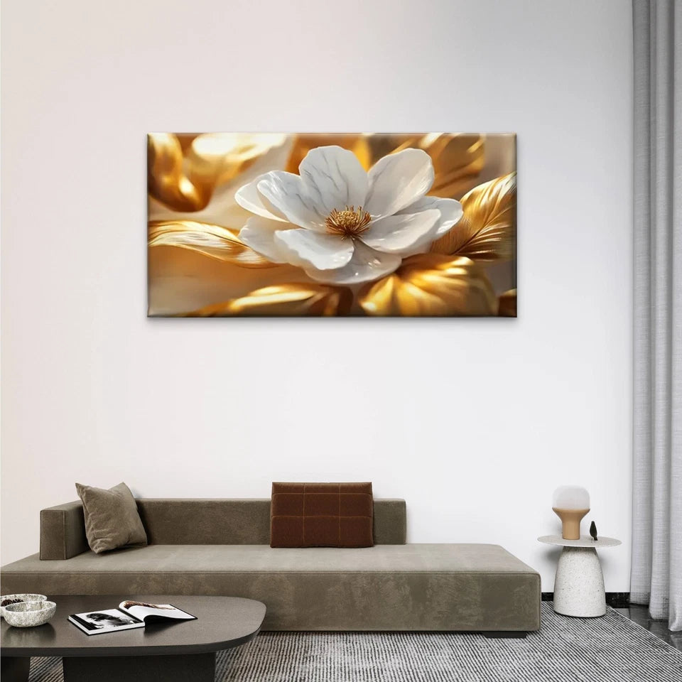 Elegant White Flowers Golden Wall Art Canvas Office Home Room Framed 120x60cm