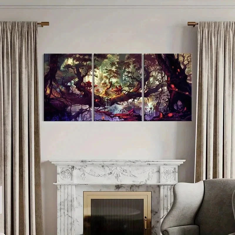 3pcs Fantasy Tree House Vintage Wall Art Set Canvas Framed 40x60cm - High Quality Print 100% Australian Made Wall Canvas Ready to Hang