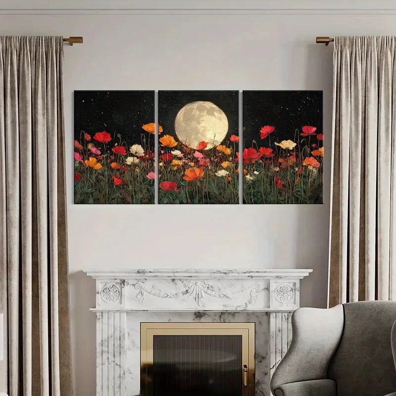 3pcs Moonlit Floral Garden Night Sky Full Moon Metal Print Ready to Hang Art