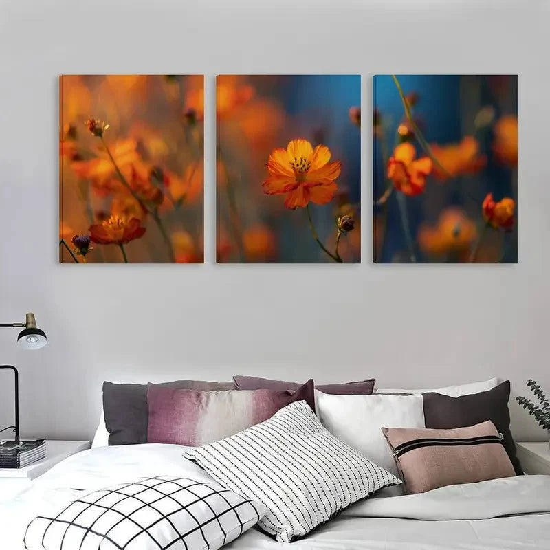 3pcs Blurred Background of Orange Wildflowers Wall Art Set Canvas Framed 40x60cm - High Quality Print 100% Australian Made Wall Canvas Ready to Hang