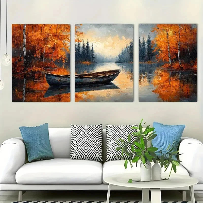 3pcs Autumn River Boat Rustic Fall Perfect Wall Art Set Canvas Framed 40x60cm - High Quality Print 100% Australian Made Wall Canvas Ready to Hang