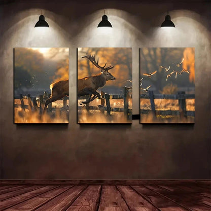 3pcs Antelope Brown Nature Trees Metal Print Ready to Hang Art