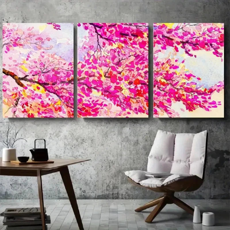 3pcs Vibrant Pink Cherry Blossom Watercolor Wall Art Set Canvas Framed