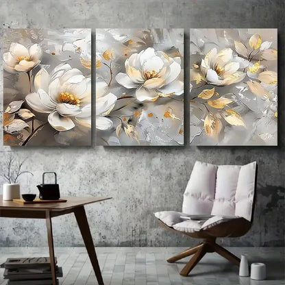 3pcs White and Golden Floral Elegant Metal Print Ready to Hang Art