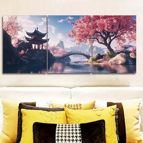 3pcs Cherry Blossom River Landscape Luxurious Wall Art Set Canvas Unframed - High Quality Print 100% Australian Made Wall Canvas