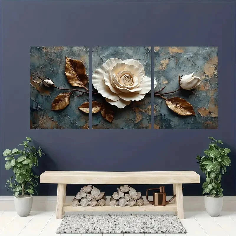 3pcs Modern Beige Flower Golden Leaves & Roses Metal Print Ready to Hang Art