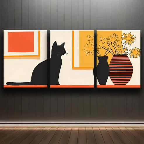 3pcs Colorful Modern Black Cat & Yellow Perfect Wall Art Set Canvas Unframed - High Quality Print 100% Australian Made Wall Canvas