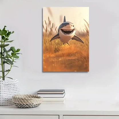 Cartoon Shark Running on Savannah Painting 40x60cm Metal Print Ready to Hang