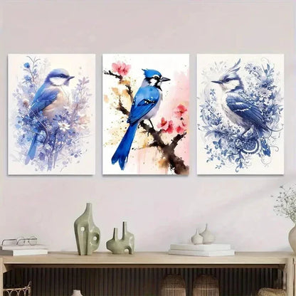 3pcs Bluebird Paintings Watercolor Bird Wall Art Set Canvas Unframed - High Quality Print 100% Australian Made Wall Canvas