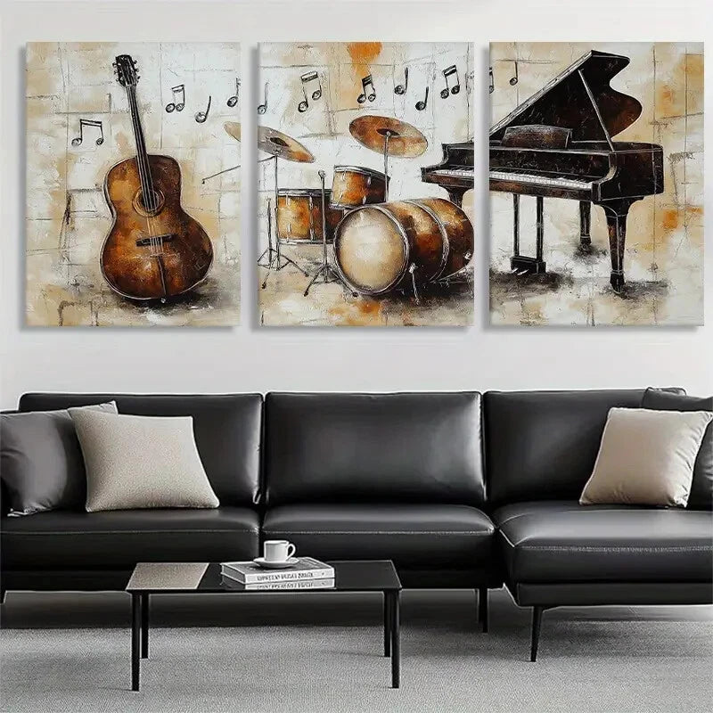 3pcs Musical Instruments Piano Car Perfect Wall Art Set Canvas Framed 40x60cm - High Quality Print 100% Australian Made Wall Canvas Ready to Hang