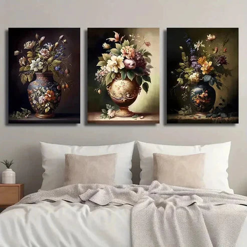 3pcs Artistic Painting of Flowers in Vase Wall Art Set Canvas Unframed - High Quality Print 100% Australian Made Wall Canvas