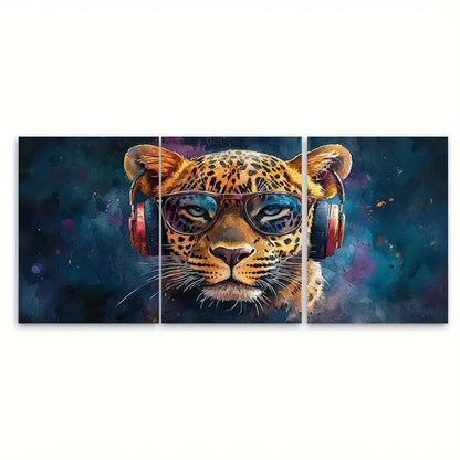 3pcs Colourful Leopard Headphones Glasses H Wall Art Set Canvas Framed 50x70cm - High Quality Print 100% Australian Made Wall Canvas Ready to Hang