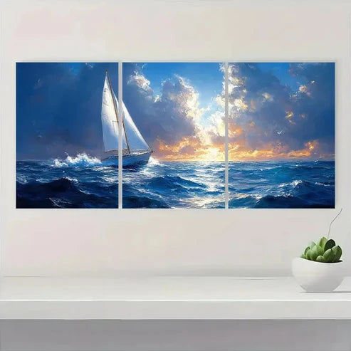 3pcs Blue Ocean Scene with Sunset and Clouds E Wall Art Set Canvas Unframed - High Quality Print 100% Australian Made Wall Canvas