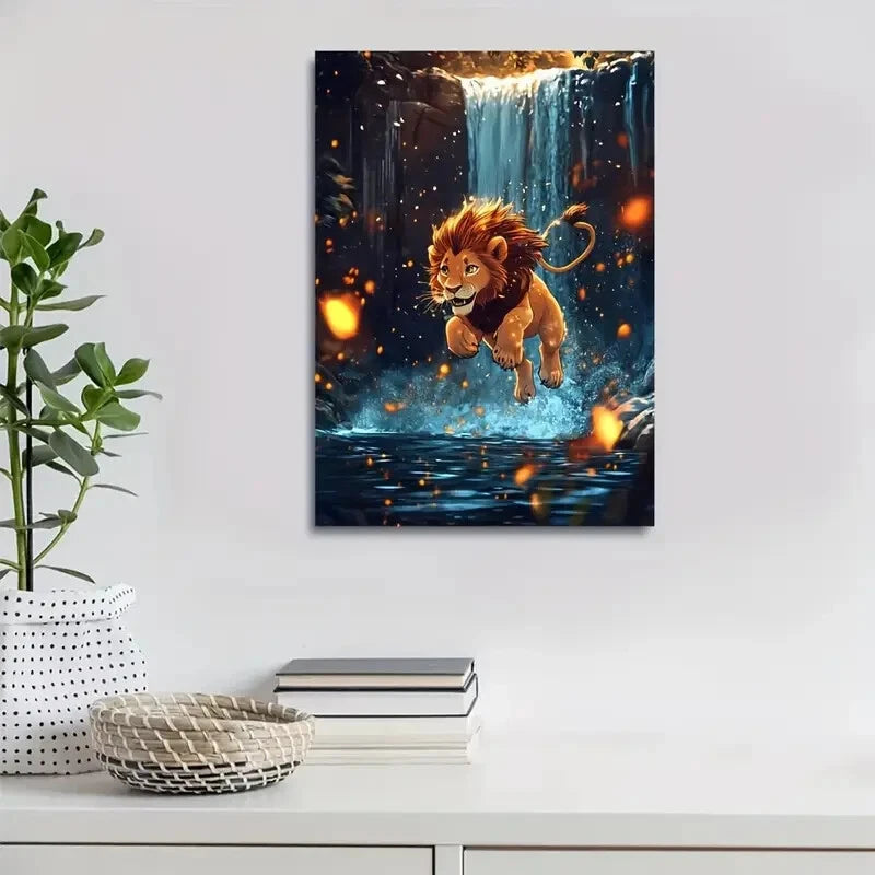 Vibrant Lion Running Near Crystal Painting 40x60cm Metal Print Ready to Hang