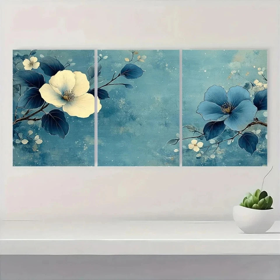 3pcs Vintage Blue & Green Woodblock Metal Print Ready to Hang Art