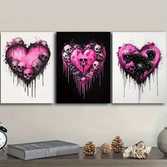 3pcs Gothic Heart and Skull  Elegant Black & Pink Metal Print Ready to Hang Art