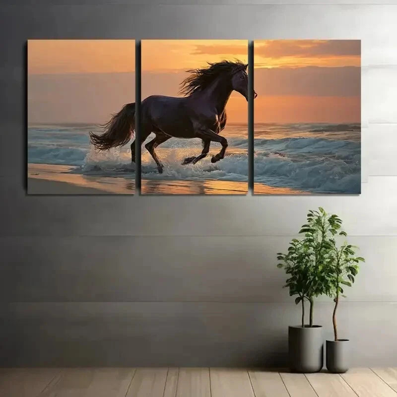 3pcs Majestic Black Horse Galloping Flowing Wildly Metal Print Ready to Hang Art