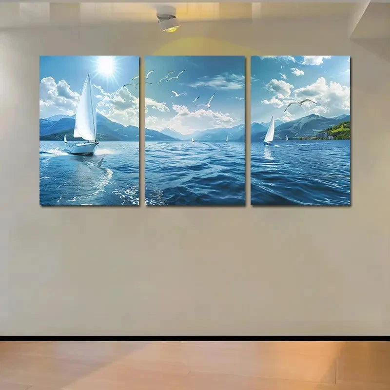 3pcs Australian Sea Sailboat and Mountainous Wall Art Set Canvas Framed 60x90cm - High Quality Print 100% Australian Made Wall Canvas Ready to Hang