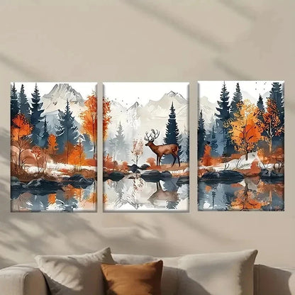 3pcs Painting of a Deer in the Woods Wall Art Set Canvas Framed 40x60cm - High Quality Print 100% Australian Made Wall Canvas Ready to Hang