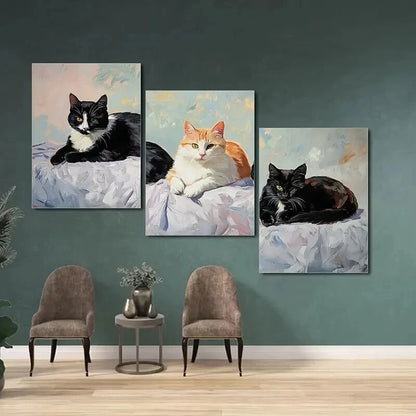 3pcs Black White & Brown Three Kittens Wall Art Set Canvas Framed 40x60cm - High Quality Print 100% Australian Made Wall Canvas Ready to Hang