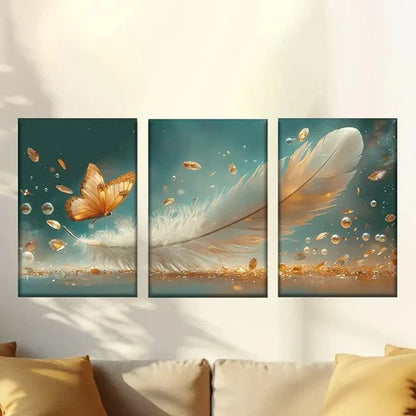 3pcs Beside The Feathers Are Golden Butterflies Wall Art Set Canvas Unframed - High Quality Print 100% Australian Made Wall Canvas