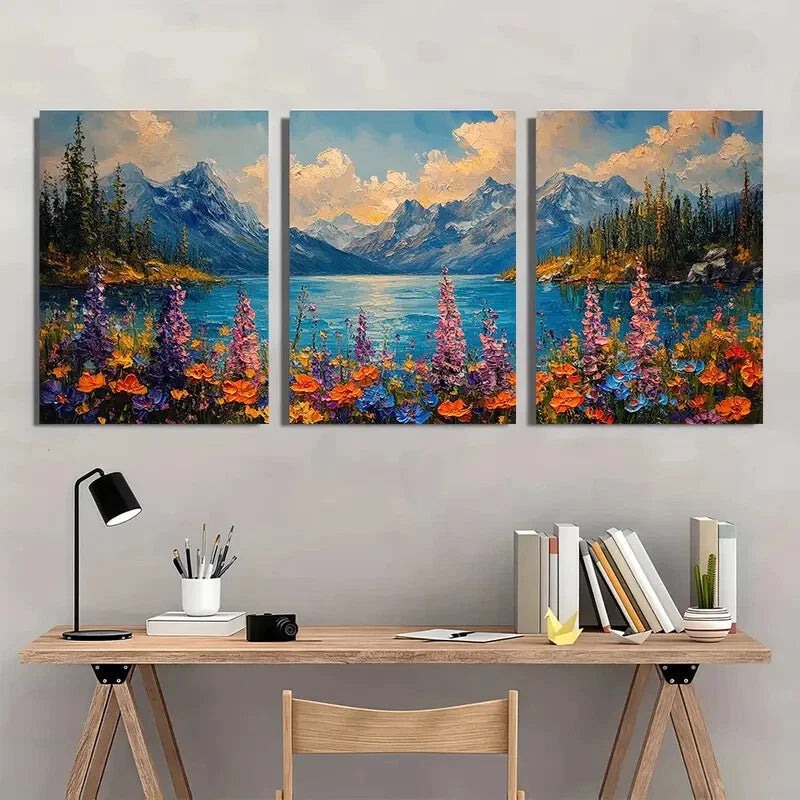 3pcs Vibrant Wildflower Scenery with Mountains Metal Print Ready to Hang Art