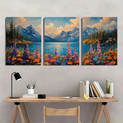 3pcs Vibrant Wildflower Scenery with Mountains Metal Print Ready to Hang Art