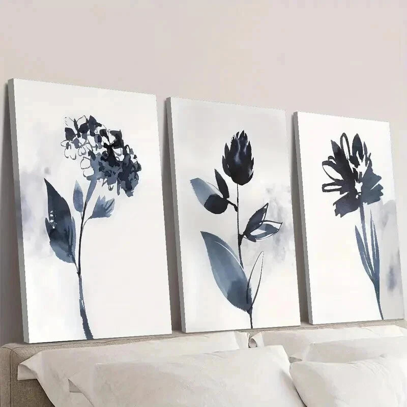 3pcs Classic Modern Blue Floral Painting Wall Art Set Canvas Framed 40x60cm - High Quality Print 100% Australian Made Wall Canvas Ready to Hang