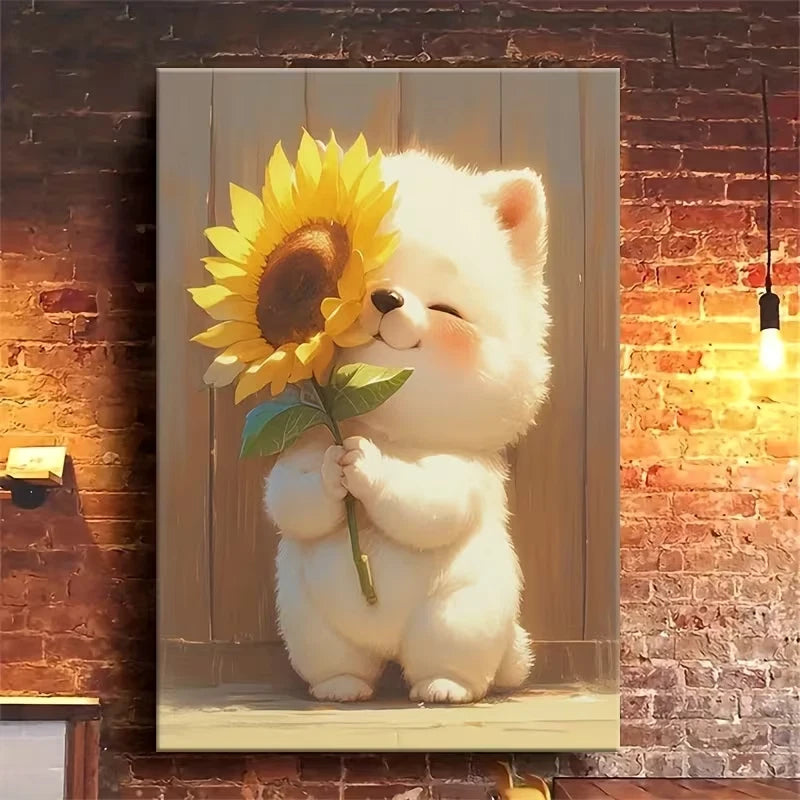 Adorable Puppy & Sunflower 60x90cm Metal Print Ready to Hang