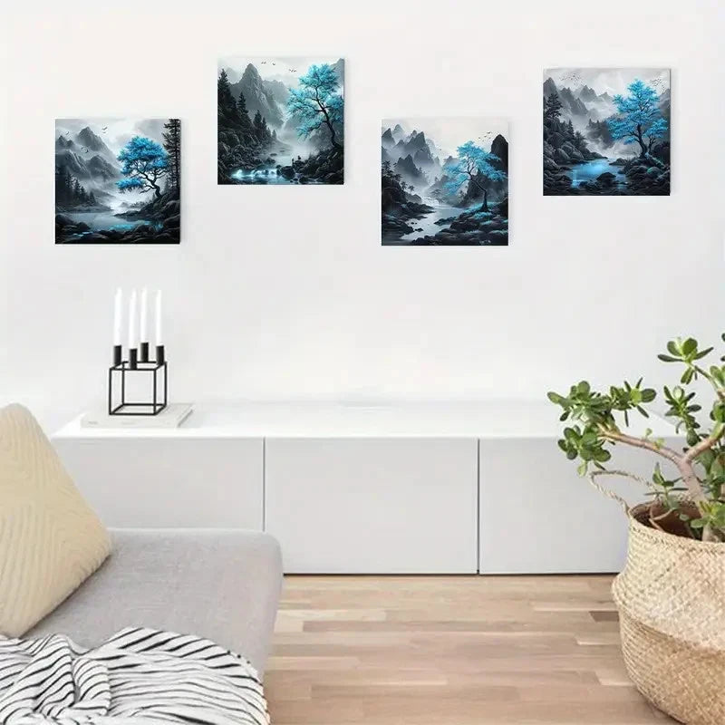 4pcsBlue Tree Landscap Wall Art Canvas Framed