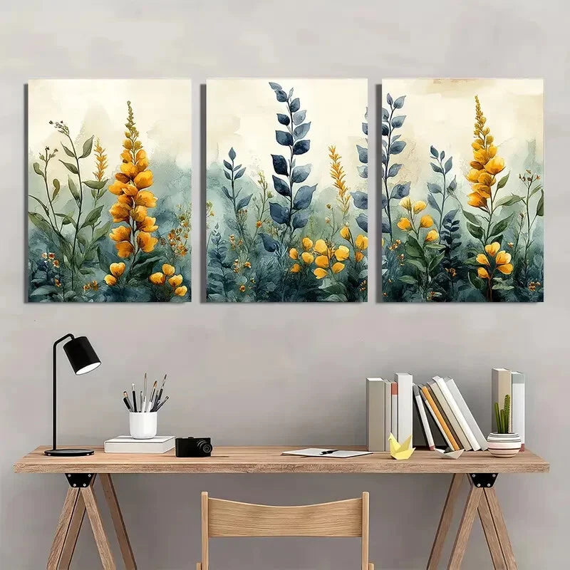 3pcs Bohemian Flower Sage Green Field Flower Metal Print Ready to Hang Art