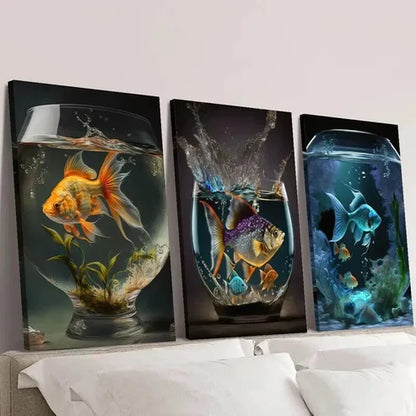 3pcs Vibrant Goldfishes in Aquarium Scene Wall Art Canvas Unframed - High Quality Print 100% Australian Made Wall Canvas