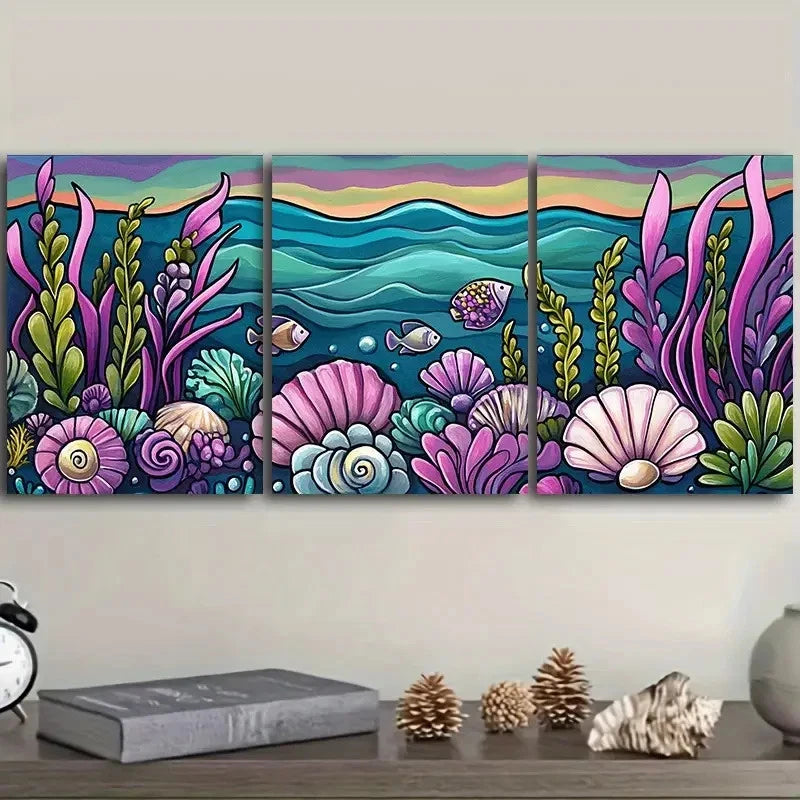 3pcs Colorful Underwater Scene with Seashells Wall Art Set Canvas Framed 50x70cm - High Quality Print 100% Australian Made Wall Canvas Ready to Hang