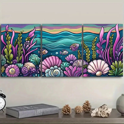 3pcs Colorful Underwater Scene with Seashells Wall Art Set Canvas Framed 50x70cm - High Quality Print 100% Australian Made Wall Canvas Ready to Hang