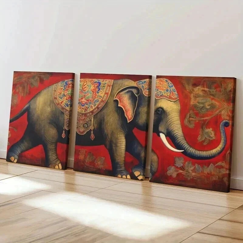 3pcs Elephant Indian Style on Vintage Red Wall Art Set Canvas Framed 40x60cm - High Quality Print 100% Australian Made Wall Canvas Ready to Hang