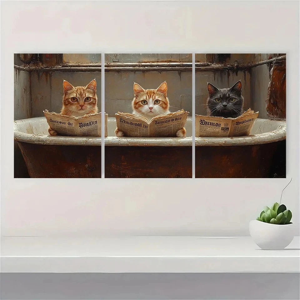 3pcs Animals Cats Reading Newspapers Metal Print Ready to Hang Art