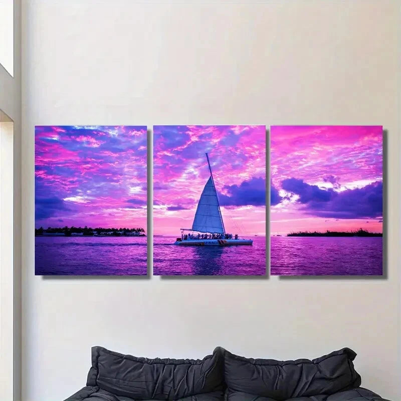 3pcs Vibrant Sunset Sailboat Triptych Bright Metal Print Ready to Hang Art