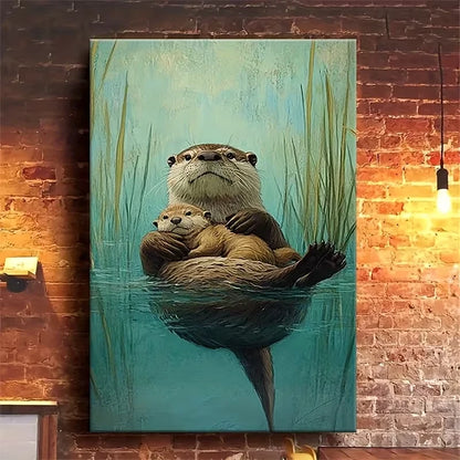 Serene Otter & Cub Oil Painting Metal Print Ready to Hang