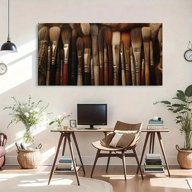 Vintage Brushes & Wooden Handle Wall Art Canvas Office Home Room Framed 120x60cm