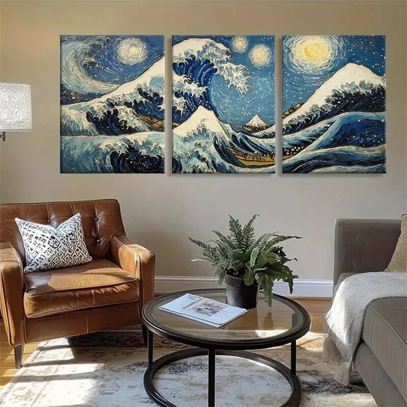 3pcs Van Gogh Inspired Mountain and Wave Perfect Wall Art Set Canvas Framed 40x60cm - High Quality Print 100% Australian Made Wall Canvas Ready to Hang