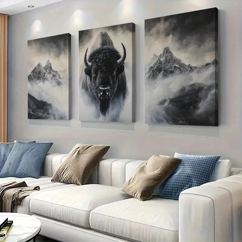 3pcs Majestic Bison And Mountains Wall Art Set Canvas Framed 60x90cm - High Quality Print 100% Australian Made Wall Canvas Ready to Hang