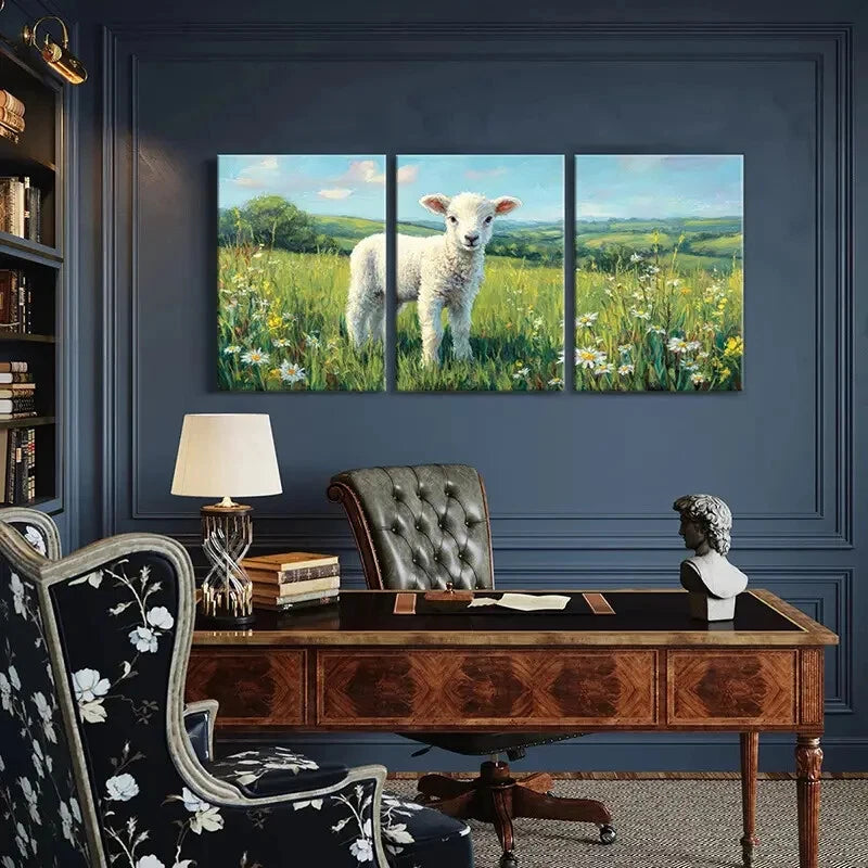 3pcs Landscape Lamb Pastoral Spring Meadow Metal Print Ready to Hang Art